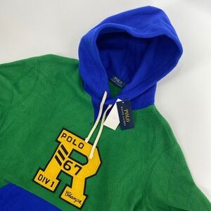 NEW Polo Ralph Lauren Hoodie Mens Medium Green Royal Blue Fleece Varsity Puff